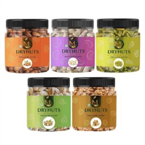 Wonderland Foods 1Kg (200g X 5) Premium Dry Fruits Combo NP Almonds, Cashews W320, Long Green Raisin, Pistacho & Walnut Jar