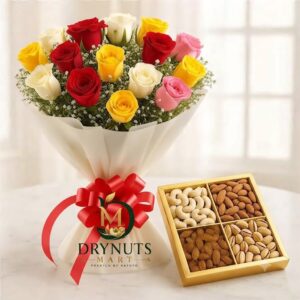Mixed Roses Bouquet with Assorted Dry Fruits Hamper