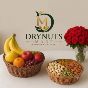 12 Red Roses Basket with Mixed Dry Fruits and Fresh Fruits Hamper