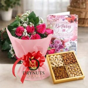 15 Pink Roses Bouquet with Birthday Greeting Card & Half Kg Mixed Dry Fruits