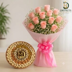 15 Pink Roses Bouquet with Mixed Dry Fruits Cane Basket