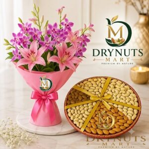 Purple Orchids & Pink Lilies Bouquet with 1kg Mix Dryfruit Basket