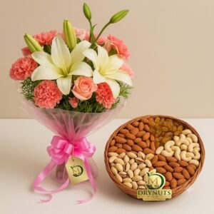 Pink Carnations Roses Lilies Bouquet with 500gm Mix Dryfruit Basket