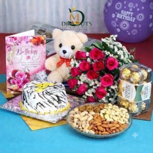 Birthday Hamper with 12 Pink Roses, Half Kg Vanilla Cake & Ferrero Rocher