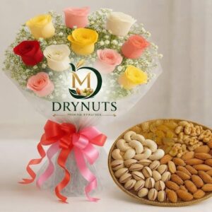 12 Mixed Roses Bouquet with Half Kg Dry Fruits