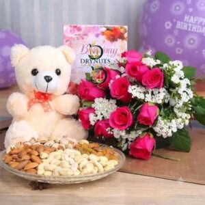 12 Pink Roses with 12 Inch Teddy, 500g Assorted Dry Fruits & Birthday Card