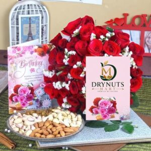 50 Red Roses Bouquet with Half Kg Mixed Dry Fruits & Birthday Greeting Card